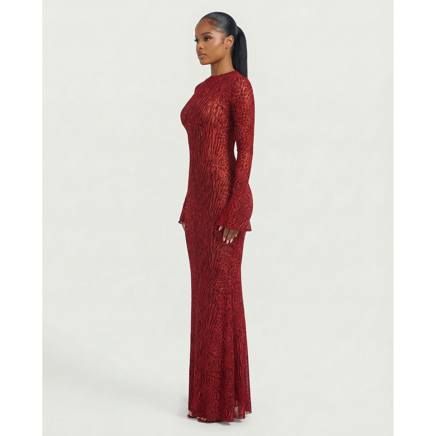 Long Sleeve Maxi Dress Mesh Long Sleeve Animal Print Open Back Dress - Image 3