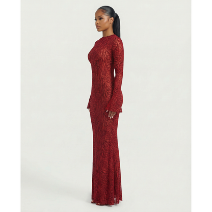 Long Sleeve Maxi Dress Mesh Long Sleeve Animal Print Open Back Dress - Image 3