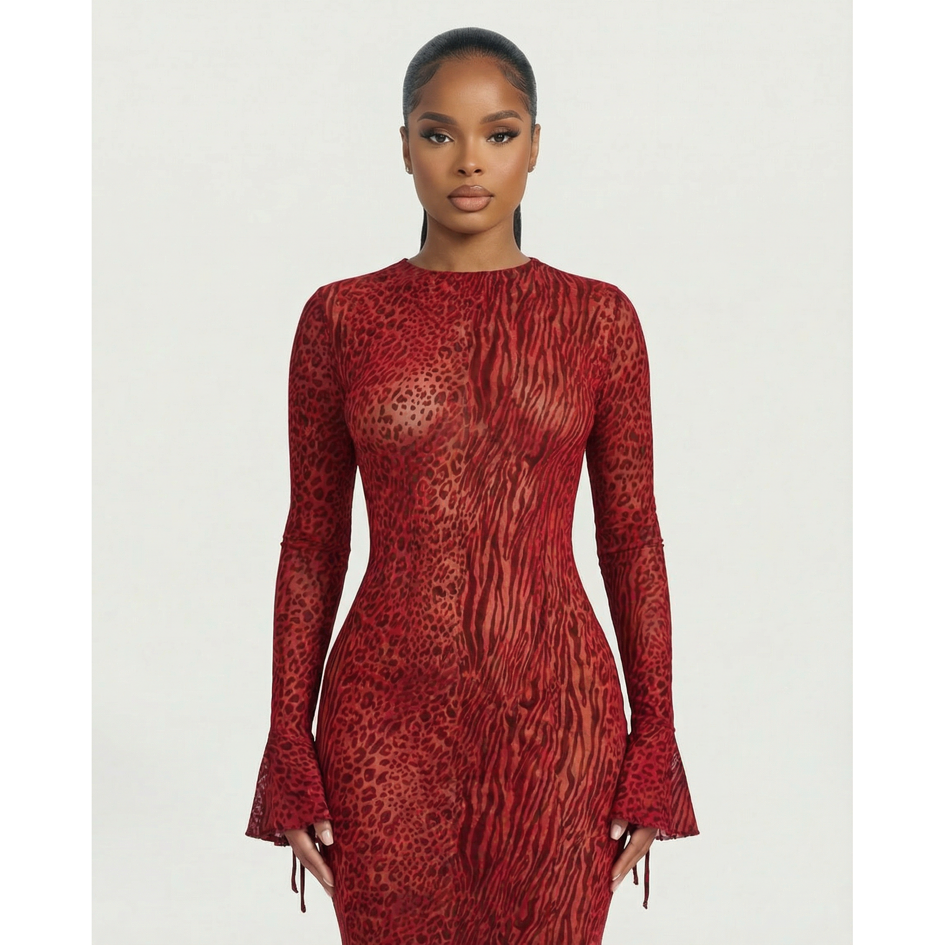 Long Sleeve Maxi Dress Mesh Long Sleeve Animal Print Open Back Dress - Image 4