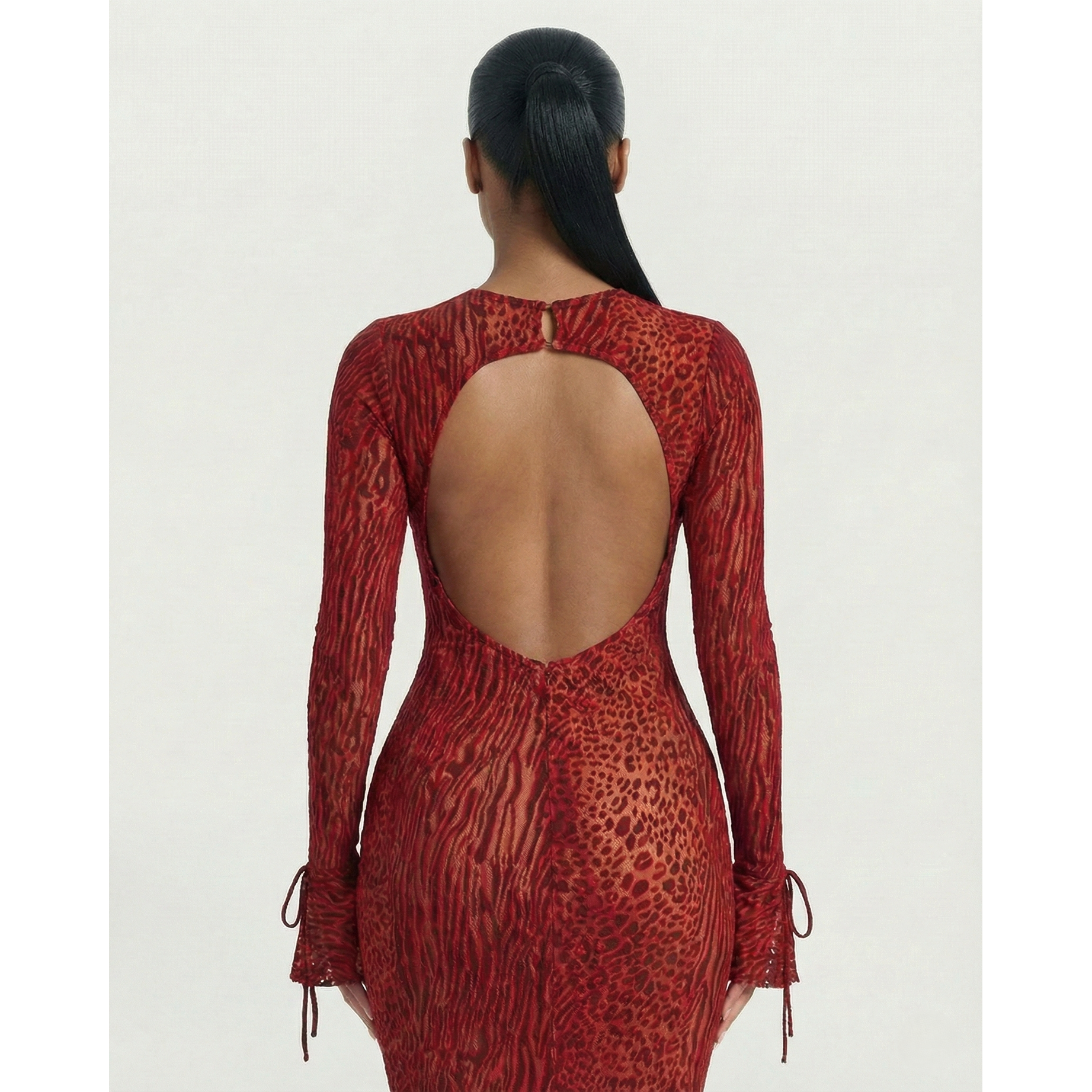 Long Sleeve Maxi Dress Mesh Long Sleeve Animal Print Open Back Dress - Image 5