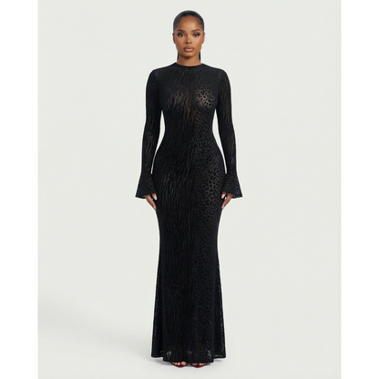 Long Sleeve Maxi Dress Mesh Long Sleeve Animal Print Open Back Dress - Image 6