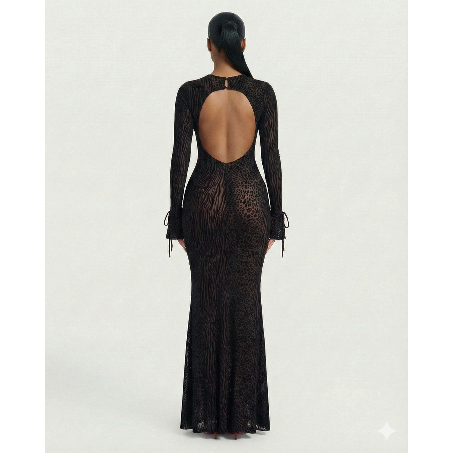 Long Sleeve Maxi Dress Mesh Long Sleeve Animal Print Open Back Dress - Image 7