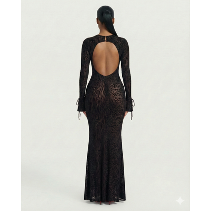 Long Sleeve Maxi Dress Mesh Long Sleeve Animal Print Open Back Dress - Image 7