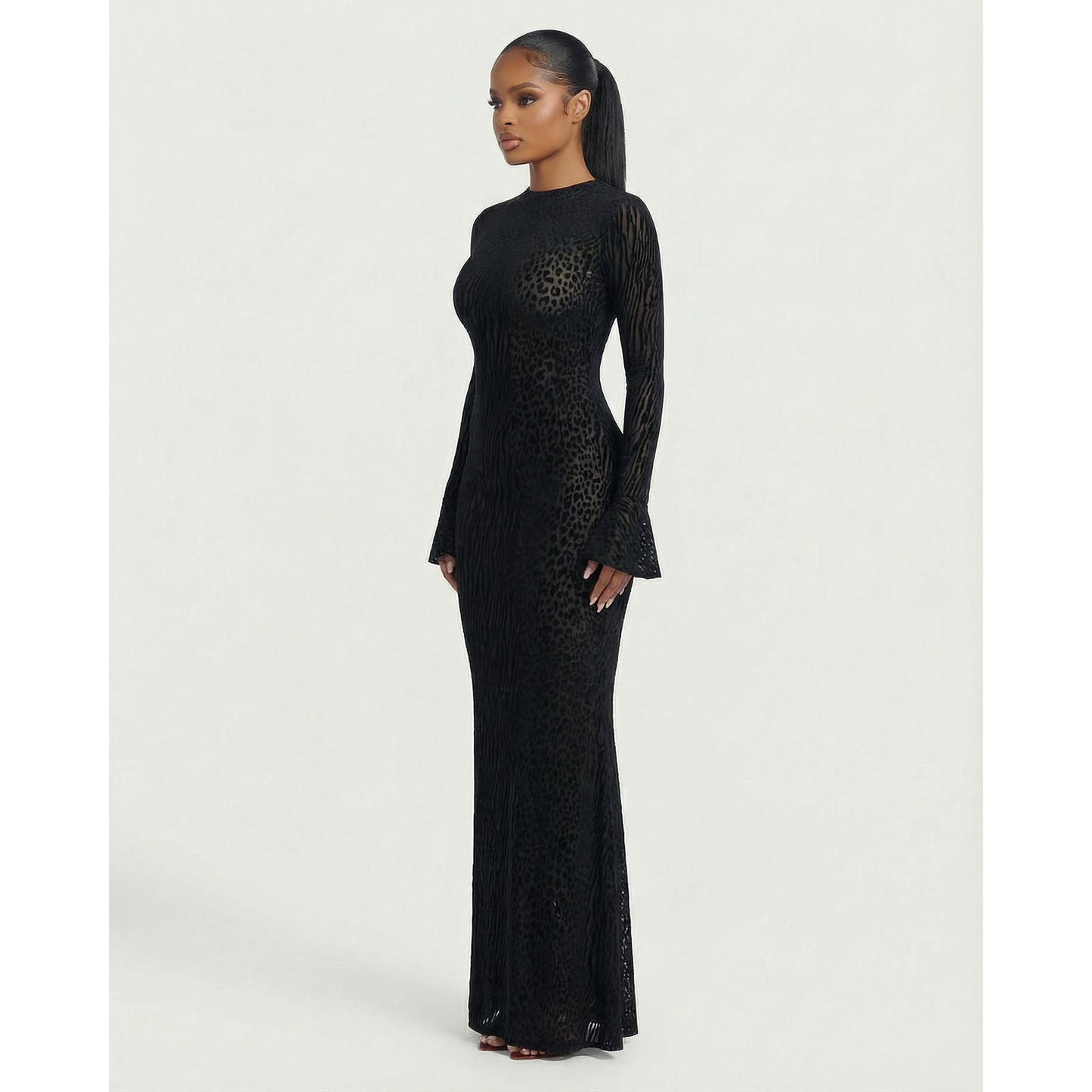 Long Sleeve Maxi Dress Mesh Long Sleeve Animal Print Open Back Dress - Image 8