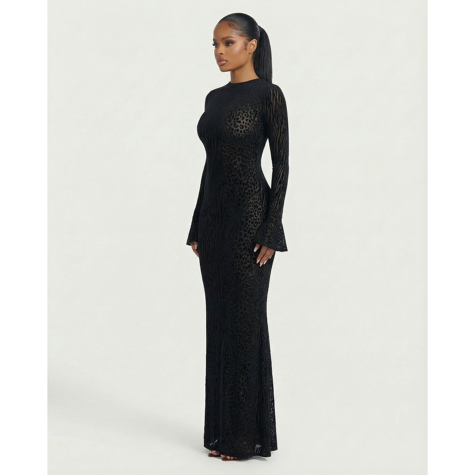 Long Sleeve Maxi Dress Mesh Long Sleeve Animal Print Open Back Dress - Image 8