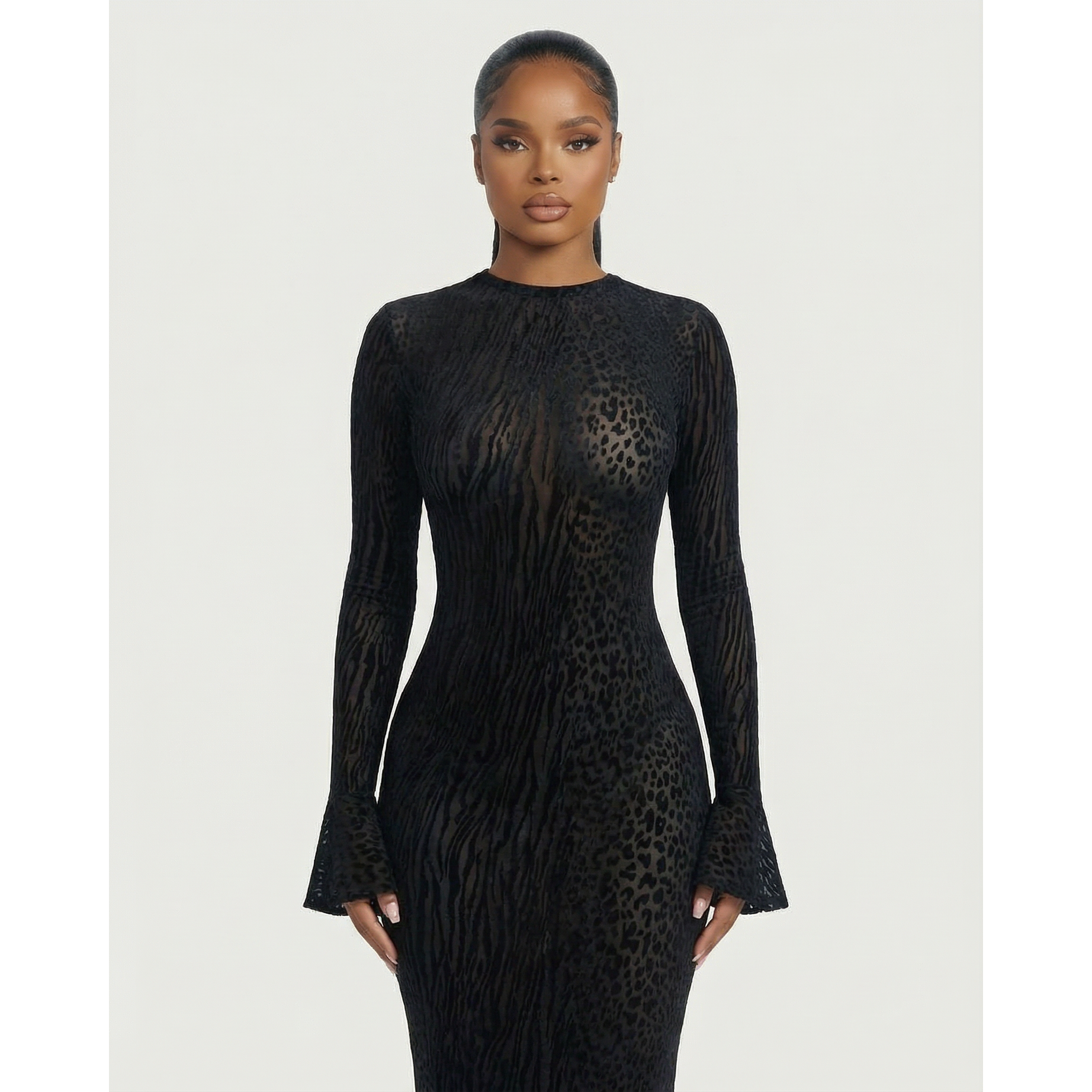 Long Sleeve Maxi Dress Mesh Long Sleeve Animal Print Open Back Dress - Image 9