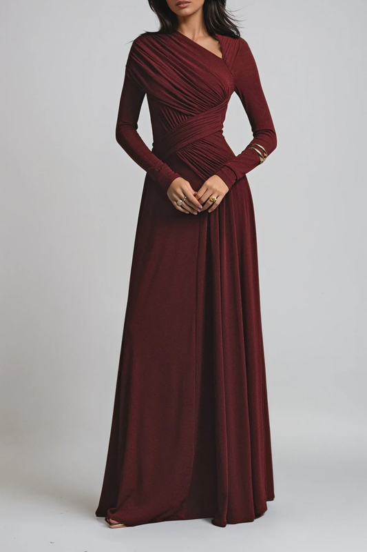 Long Sleeve Ruched Asymmetric Evening Gown Maxi Dress for Women