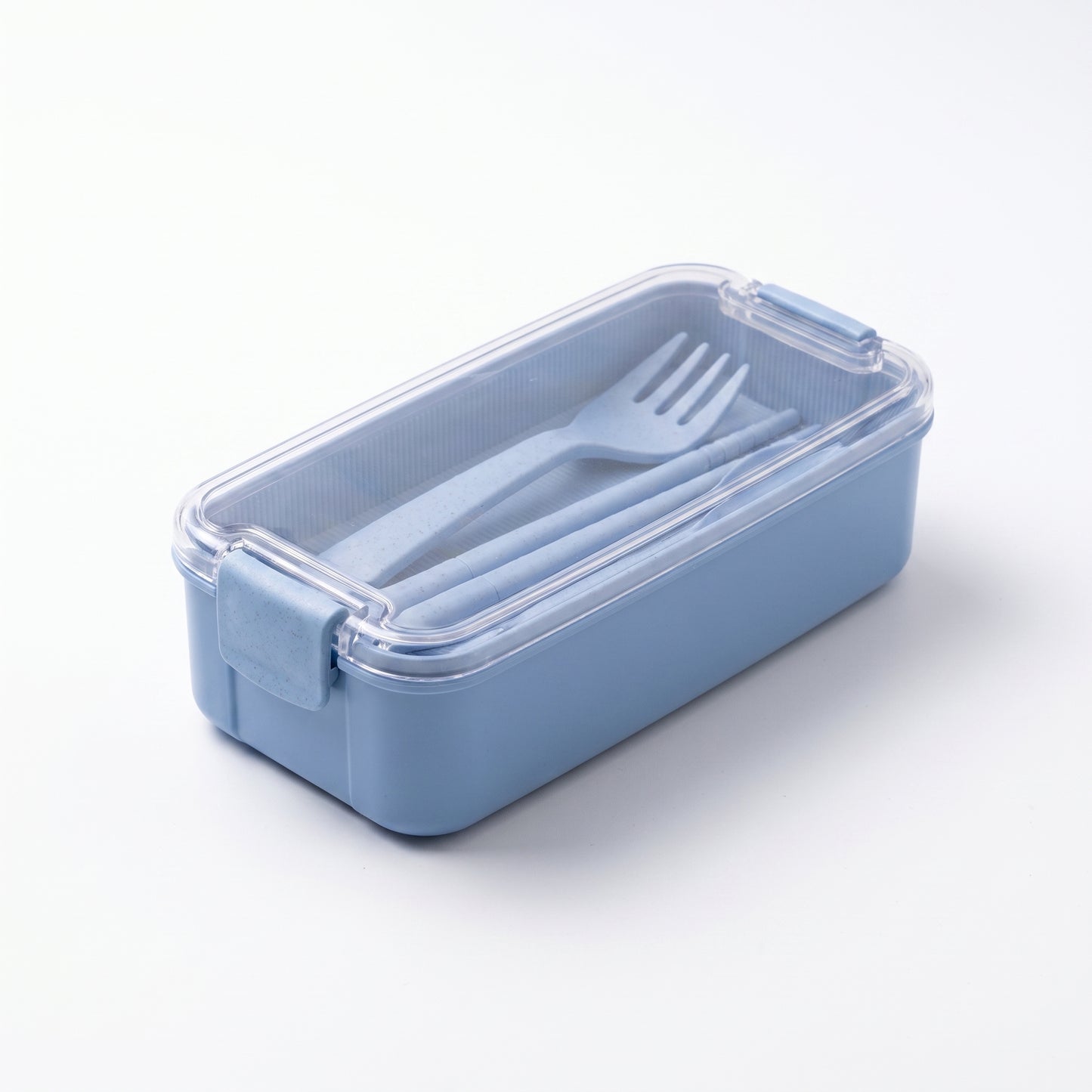Bento Lunch Box with Cutlery Light Blue Plastic Clear Lid - angle