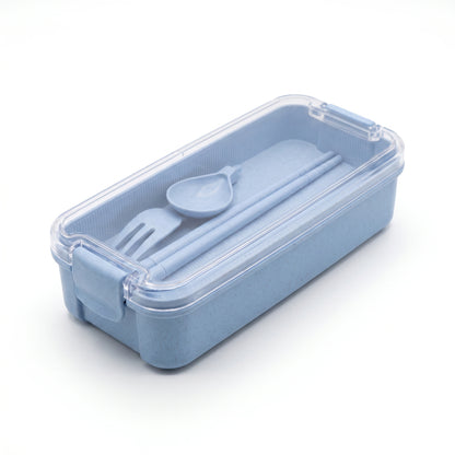 Bento Lunch Box with Cutlery Light Blue Plastic Clear Lid - angle