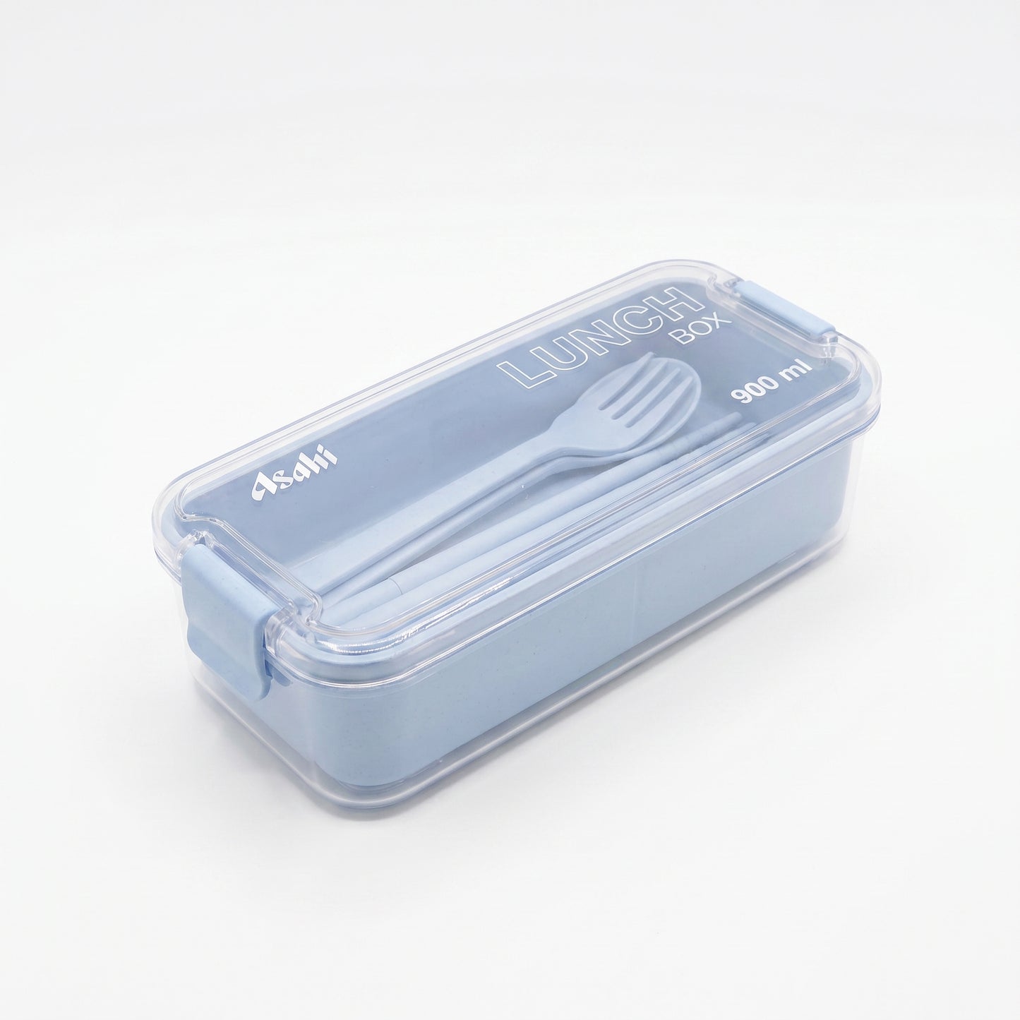 Bento Lunch Box with Cutlery Light Blue Plastic Clear Lid - angle