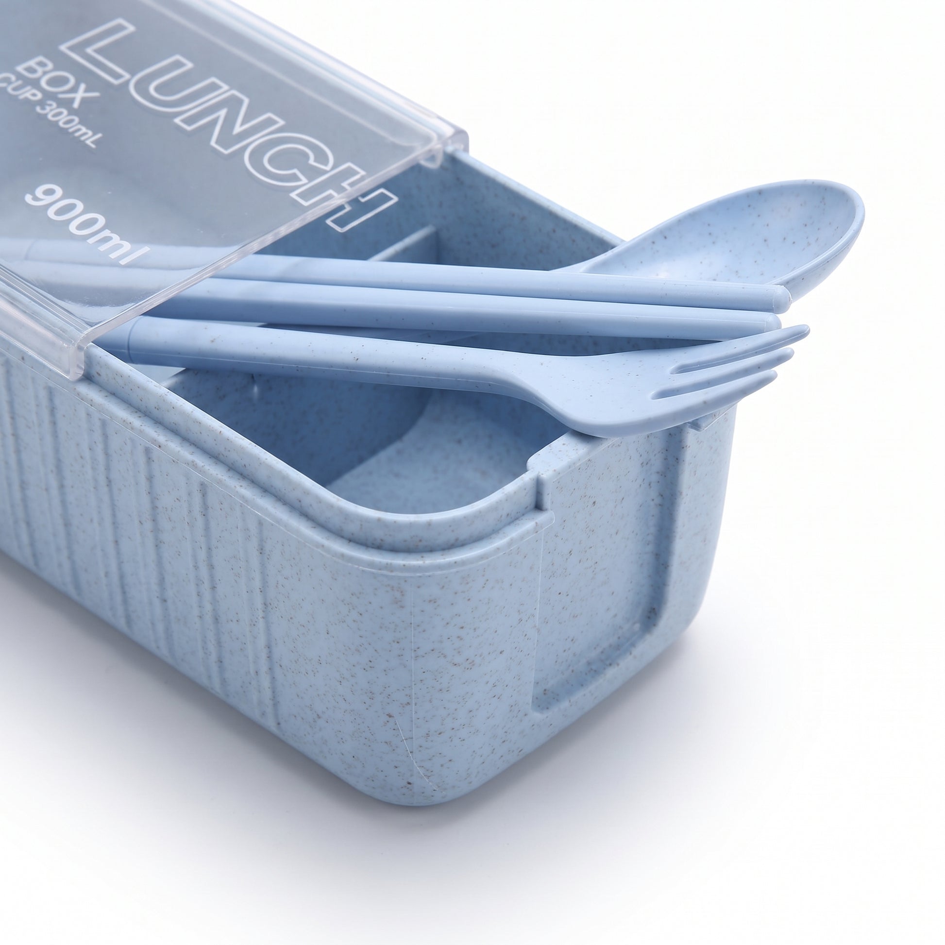 Bento Lunch Box with Cutlery Light Blue Plastic Clear Lid - detail