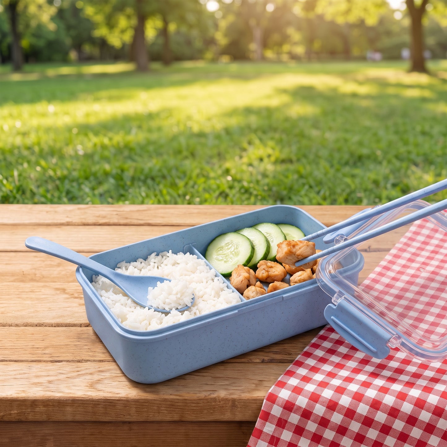 Bento Lunch Box with Cutlery Light Blue Plastic Clear Lid - Image 12