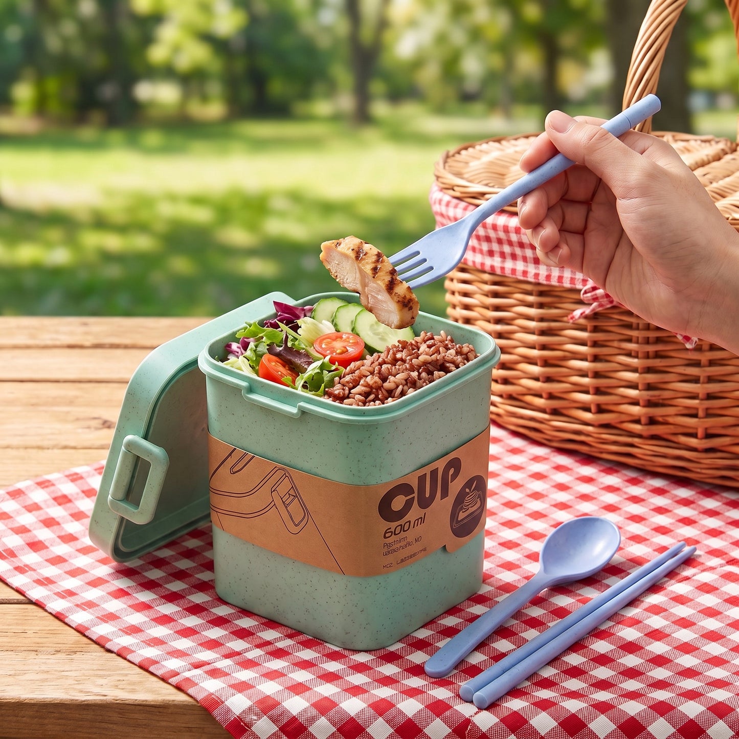 Bento Lunch Box with Cutlery Light Blue Plastic Clear Lid - Image 32