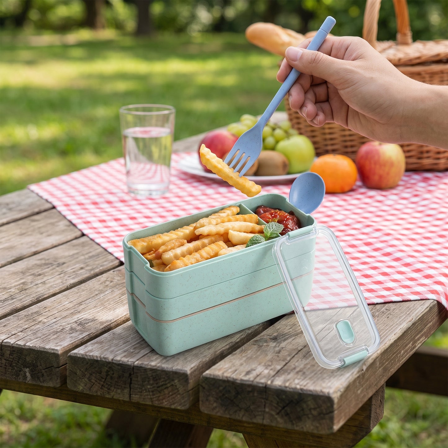 Bento Lunch Box with Cutlery Light Blue Plastic Clear Lid - Image 41