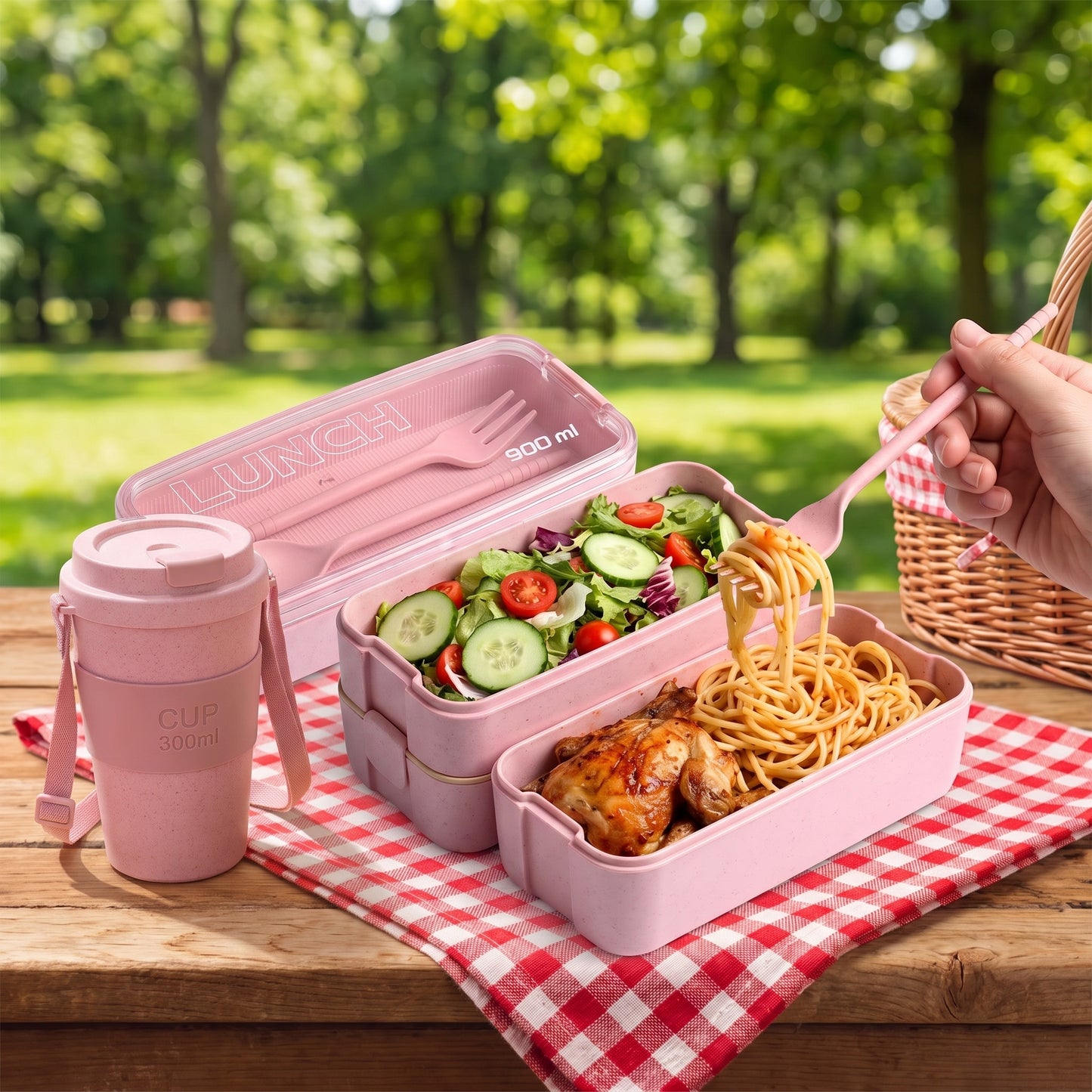 Bento Lunch Box with Cutlery Light Blue Plastic Clear Lid - Image 19