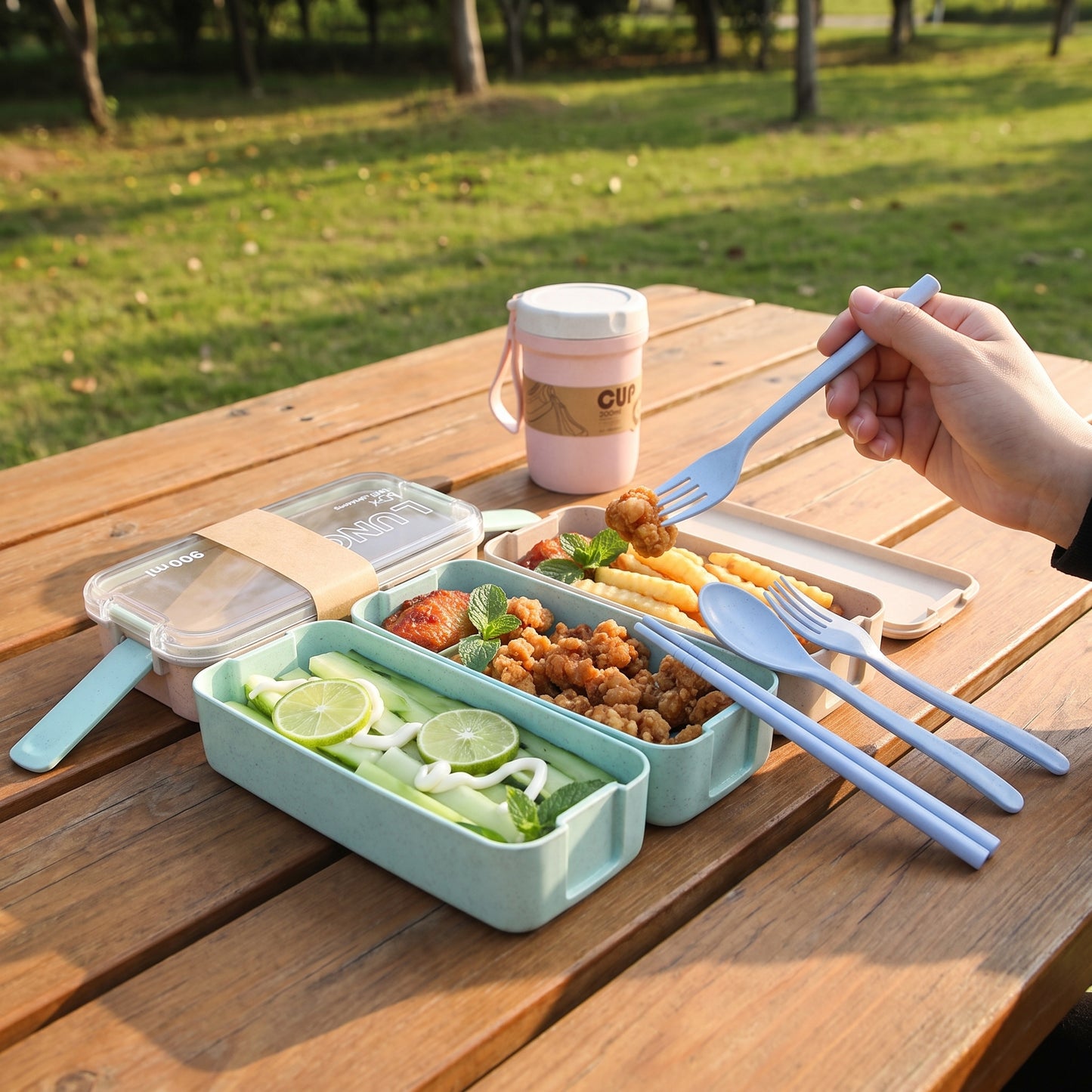 Bento Lunch Box with Cutlery Light Blue Plastic Clear Lid - hero