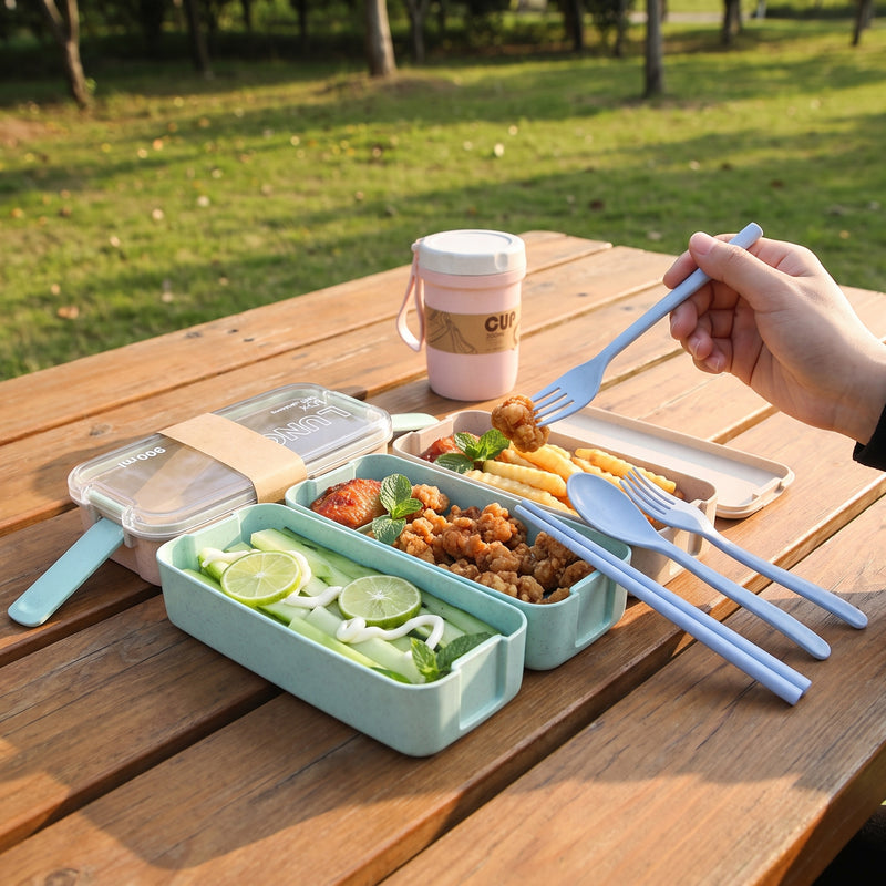 Lunch Box Bento With Cutlery Light Blue Plastic Clear Lid