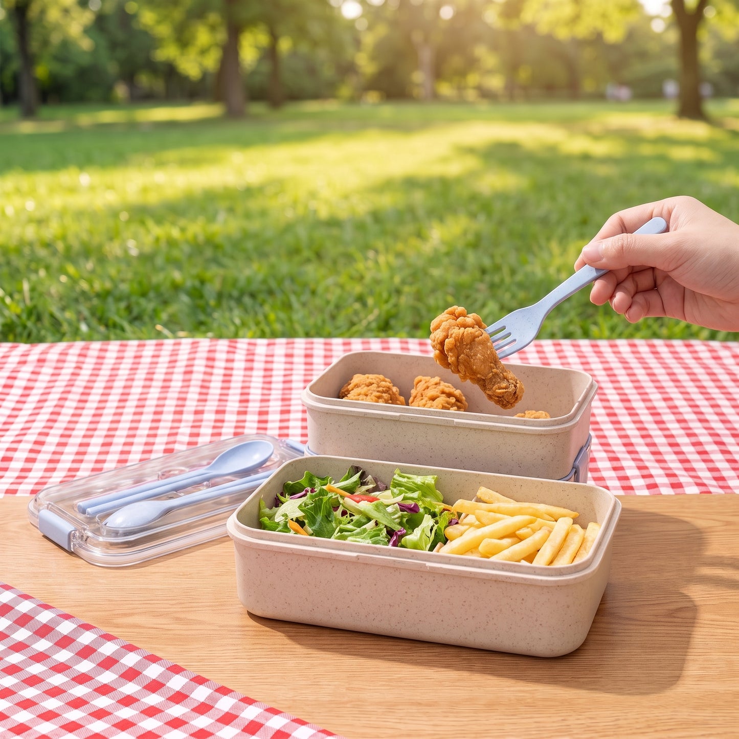 Bento Lunch Box with Cutlery Light Blue Plastic Clear Lid - Image 39