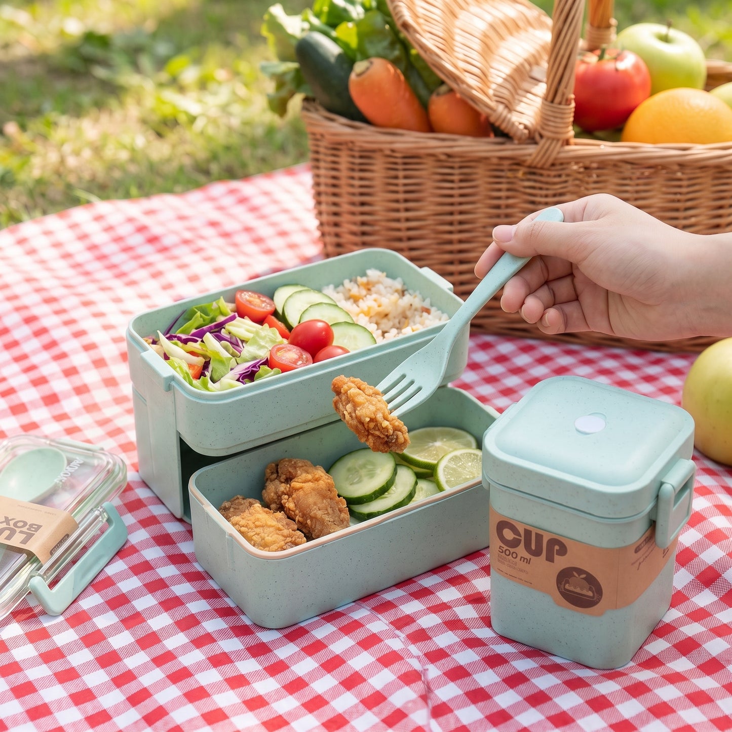 Bento Lunch Box with Cutlery Light Blue Plastic Clear Lid - Image 37