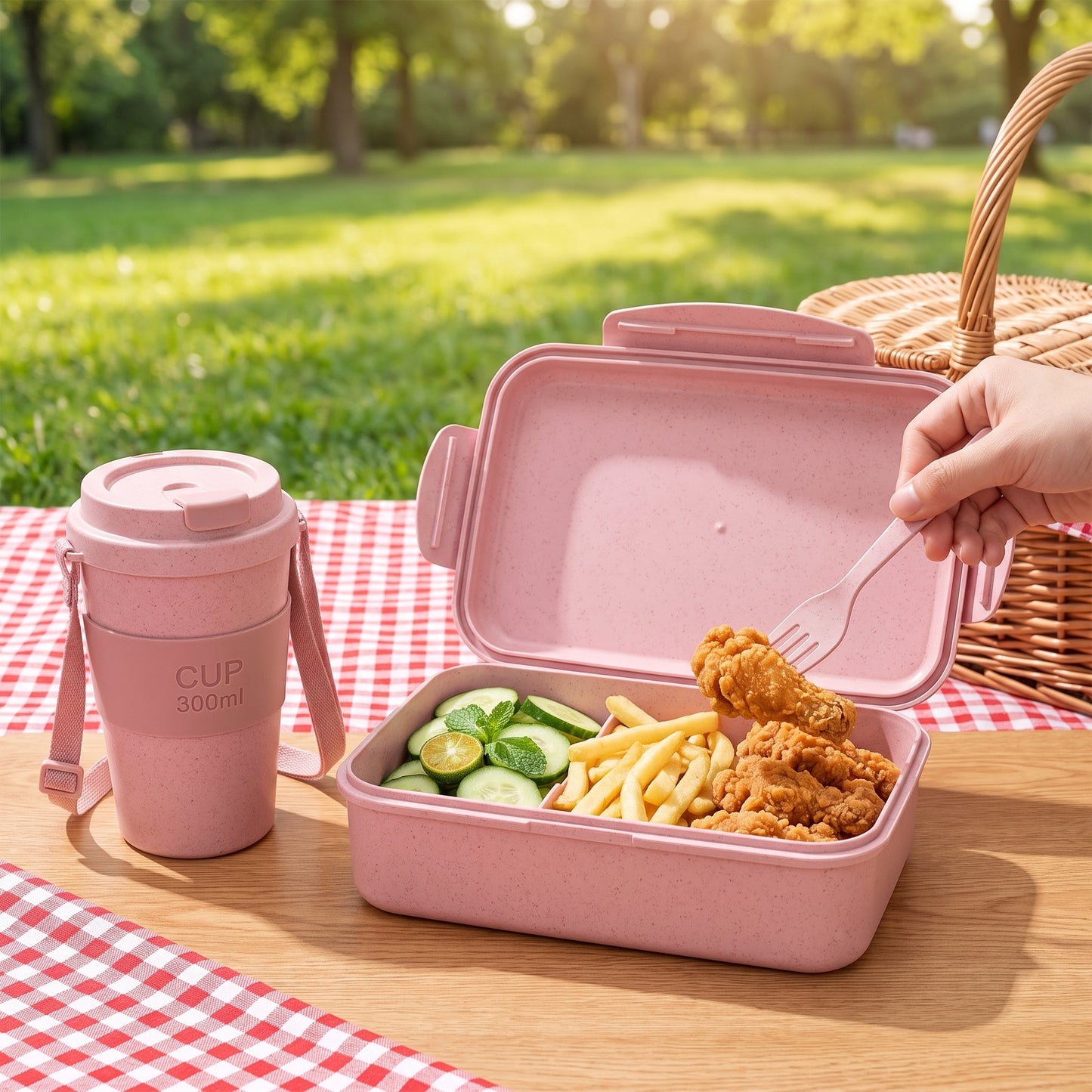 Bento Lunch Box with Cutlery Light Blue Plastic Clear Lid - in-use