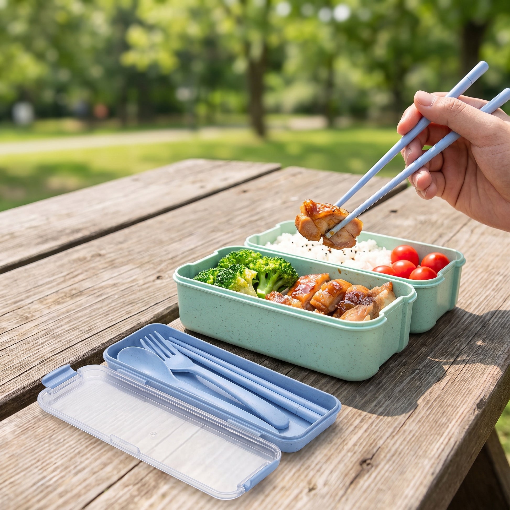 Bento Lunch Box with Cutlery Light Blue Plastic Clear Lid - in-use