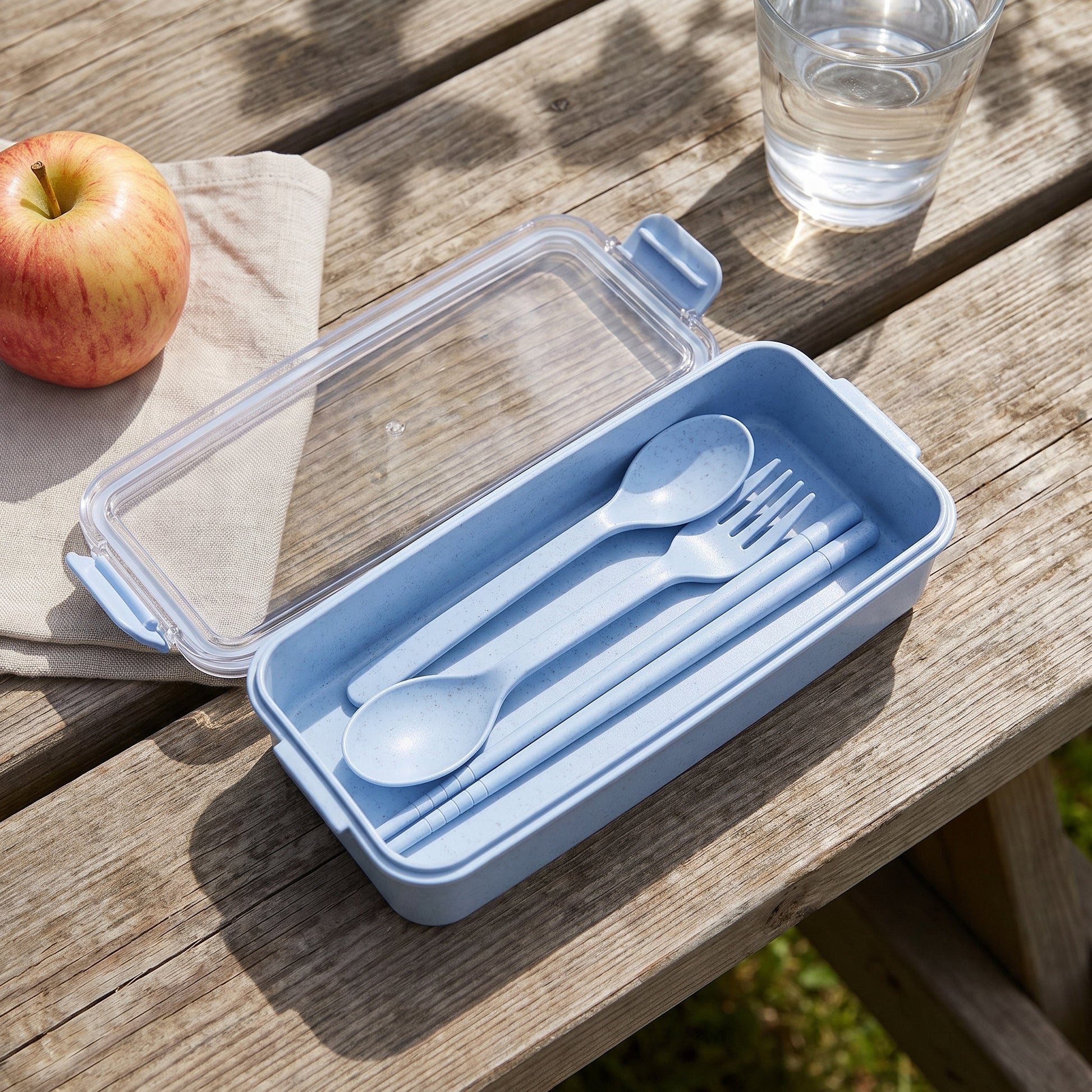 Bento Lunch Box with Cutlery Light Blue Plastic Clear Lid - in-use
