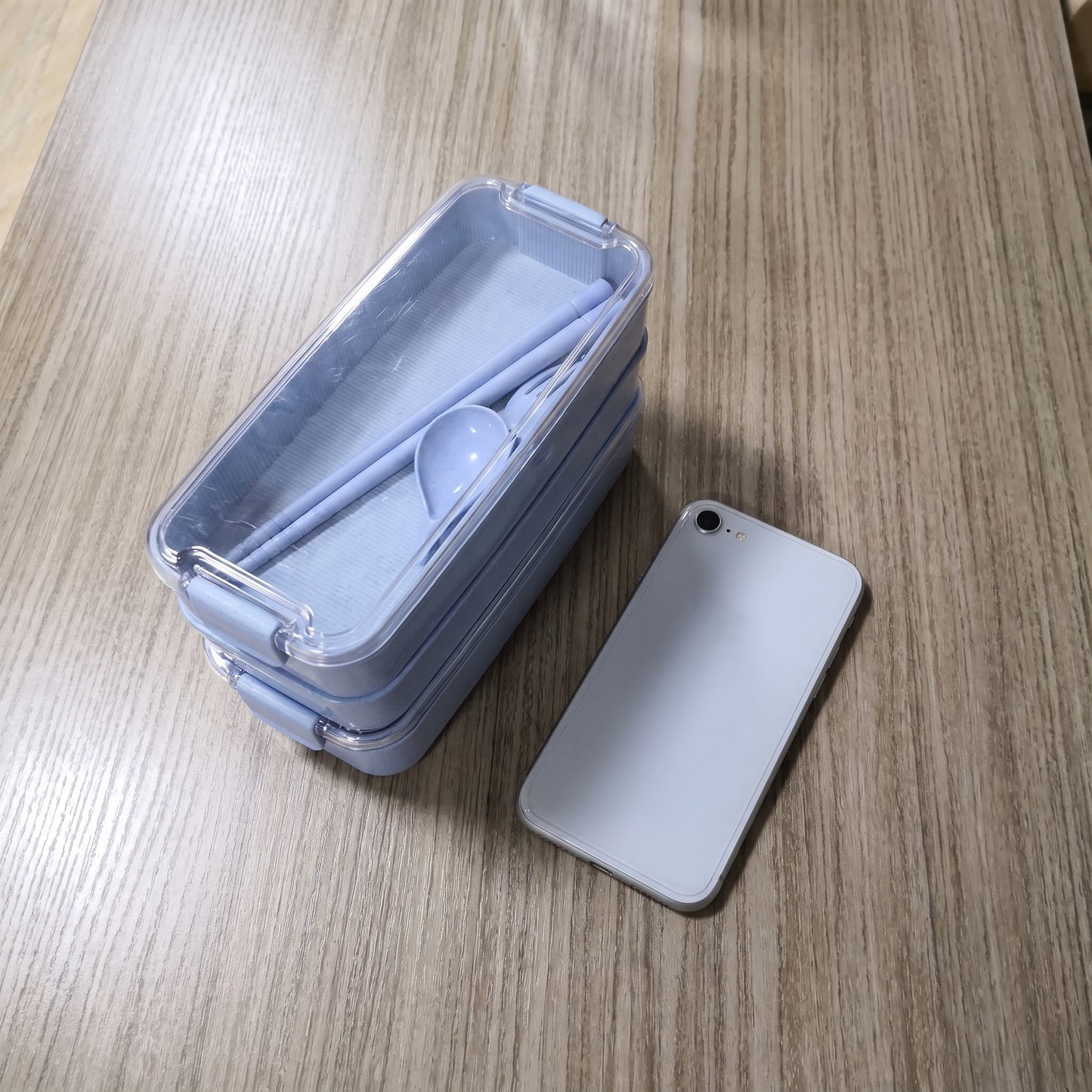 Bento Lunch Box with Cutlery Light Blue Plastic Clear Lid - scale