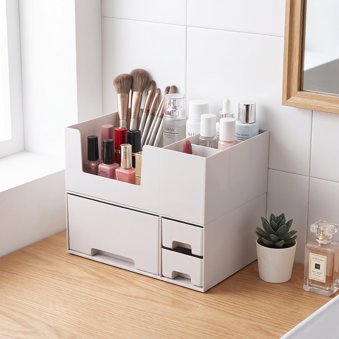 Desk Organiser Makeup Storage Organizer with Drawers Tier System - in-use