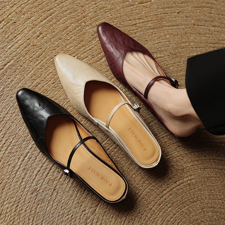Mary Jane Flats Women's Mules Genuine Leather Pointed Toe Design - Image 15