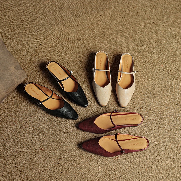 Mary Jane Flats Women's Mules Genuine Leather Pointed Toe Design - Image 24