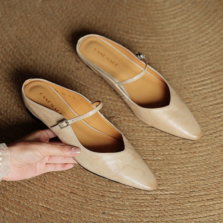 Mary Jane Flats Women's Mules Genuine Leather Pointed Toe Design - Image 4