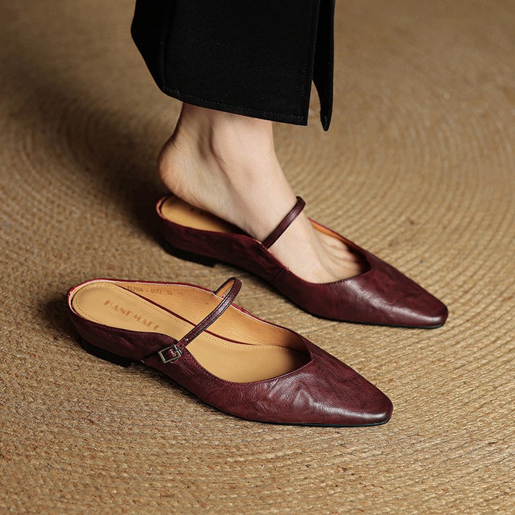 Mary Jane Flats Women's Mules Genuine Leather Pointed Toe Design - Image 8