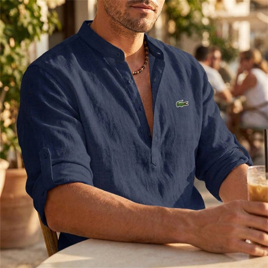 Men's Casual Shirt with Band Collar and Partial Button Placket - Image 1