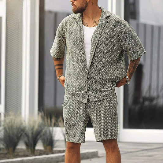 Men's All Over Chevron Pattern Green Short Sleeve Open Collar Button Down Shirt and Elasticated Drawstring Shorts Two Piece Casual Summer Set