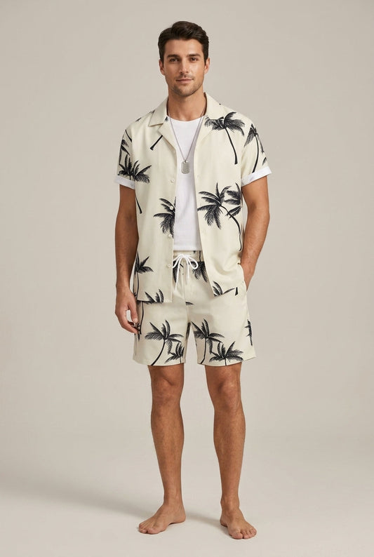Men's All Over Palm Leaf Print Short Sleeve Button Front Open Collar Shirt and Drawstring Shorts Resort Two Piece Holiday Set