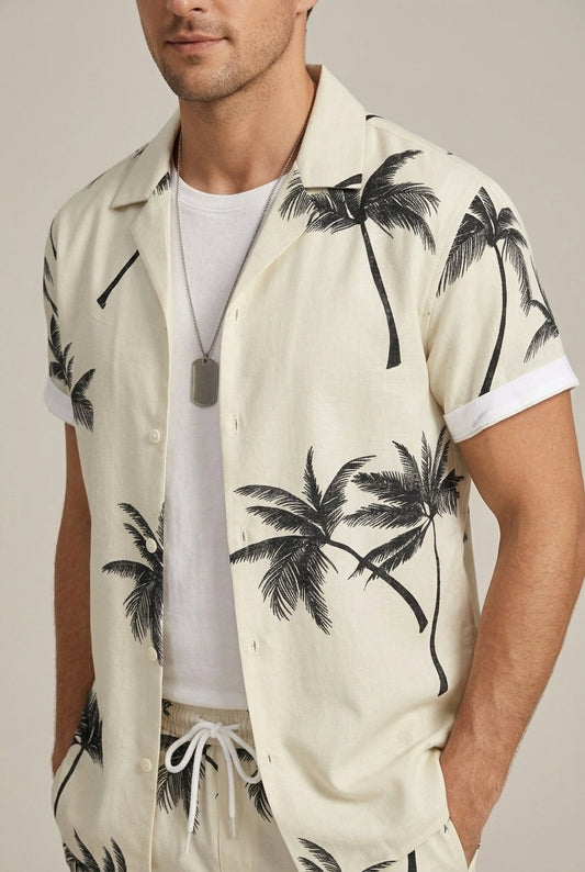 Men's All Over Palm Leaf Print Short Sleeve Button Front Open Collar Shirt and Drawstring Shorts Resort Two Piece Holiday Set