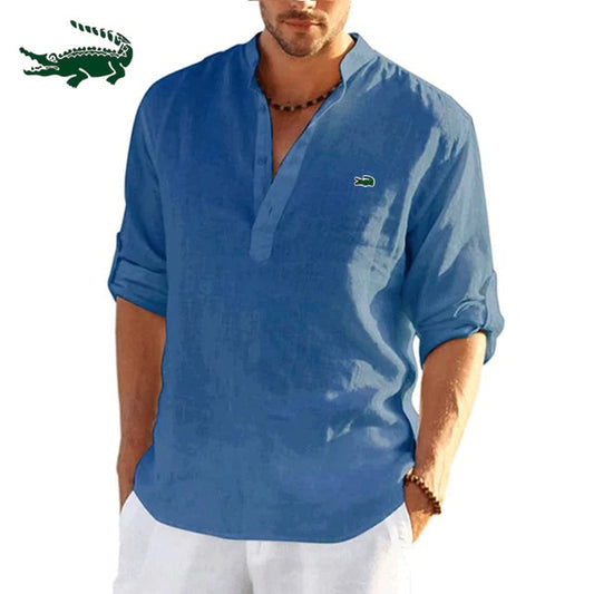 Men's Casual Shirt with Band Collar and Partial Button Placket - Image 2