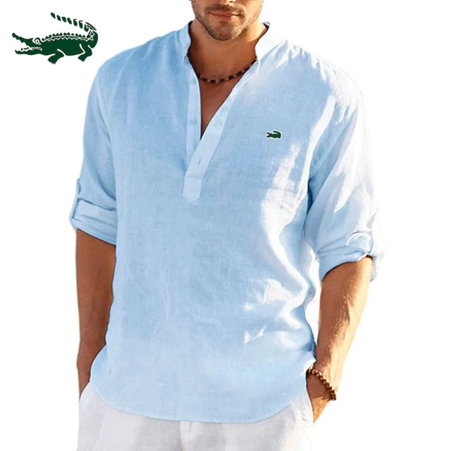 Men's Casual Shirt with Band Collar and Partial Button Placket - Image 3