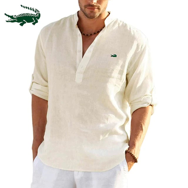 Men's Casual Shirt with Band Collar and Partial Button Placket - Image 5