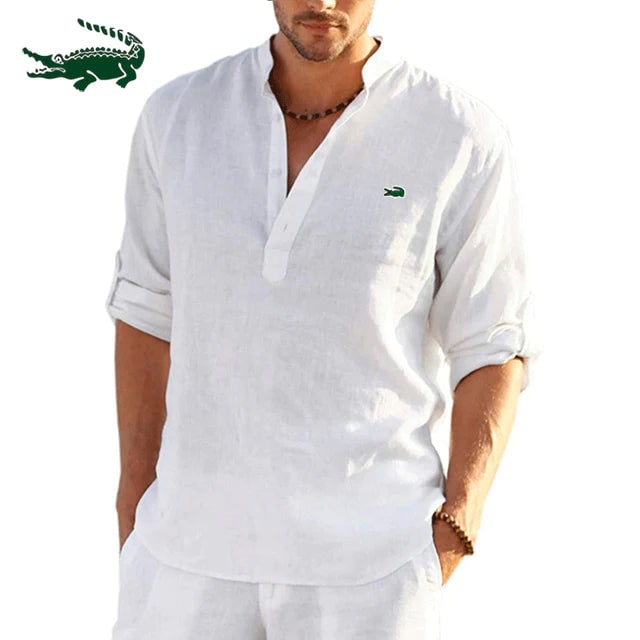 Men's Casual Shirt with Band Collar and Partial Button Placket - Image 6