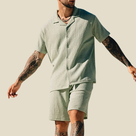 Men's Crinkle Woven Camp Collar Short Sleeve Button Up Shirt and Elasticated Waist Bottoms Two Piece Warm Weather Set