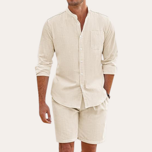 Men's Lightweight Mandarin Collar Long Sleeve Button Shirt and Elasticated Shorts Relaxed Fit Two Piece Set