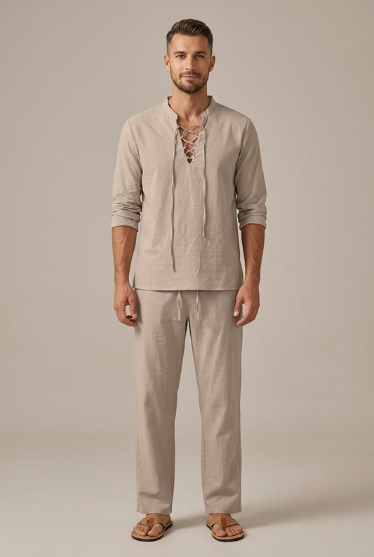 Men's Linen Blend Lace Up V Neckline Cord Tie Long Sleeve Shirt and Relaxed Wide Leg Elasticated Drawstring Trousers Two Piece Set