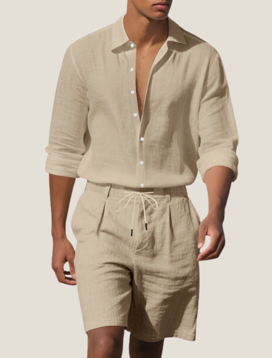 Men's Linen Woven Long Sleeve Button Front Shirt with Adjustable Cuffs and Elasticated Drawstring Shorts Beach Two Piece Set