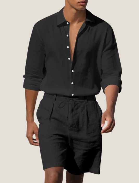 Men's Linen Woven Long Sleeve Button Front Shirt with Adjustable Cuffs and Elasticated Drawstring Shorts Beach Two Piece Set