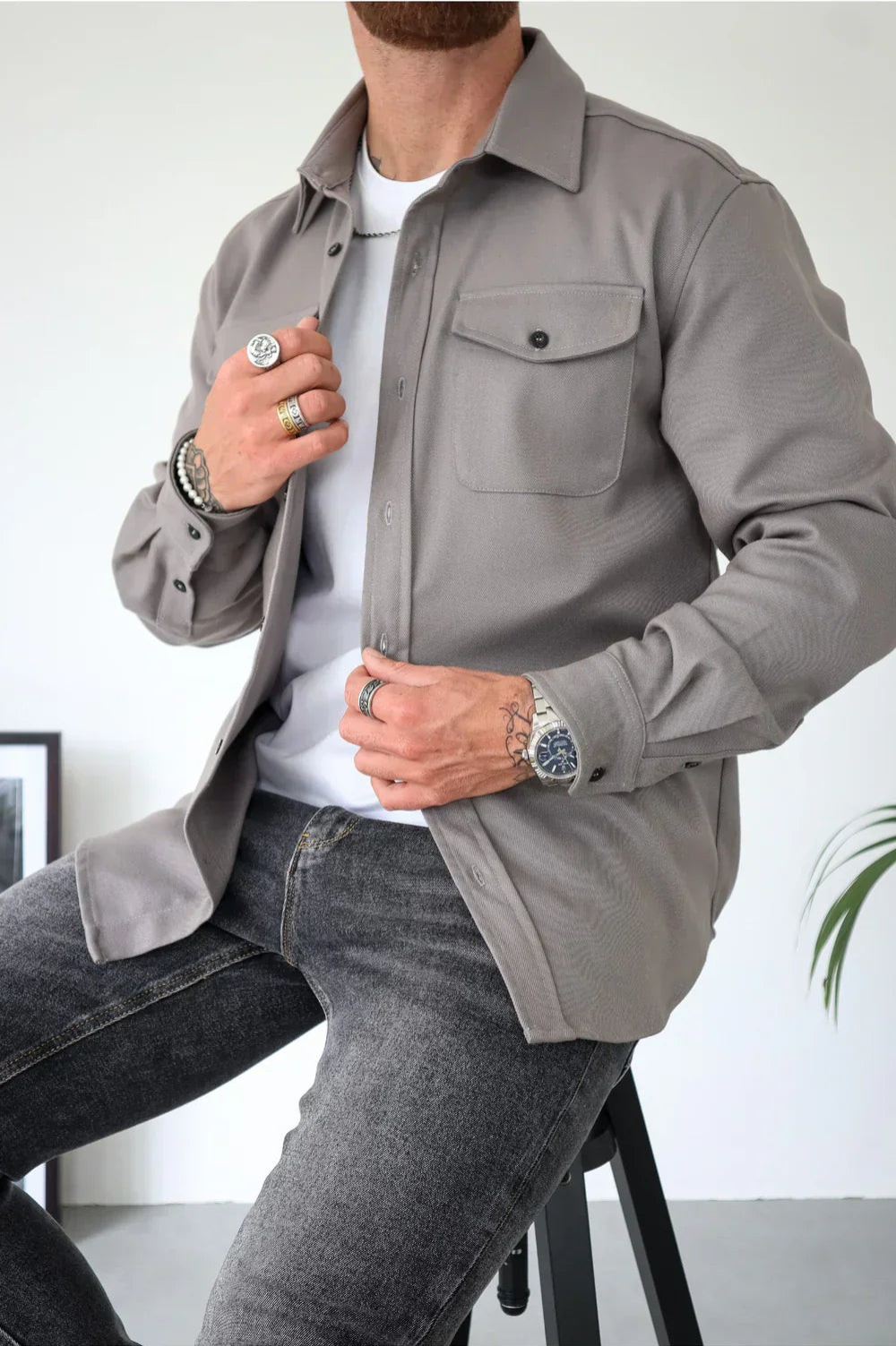 Men's Long Sleeve Button-Up Shirt Jacket for Layering