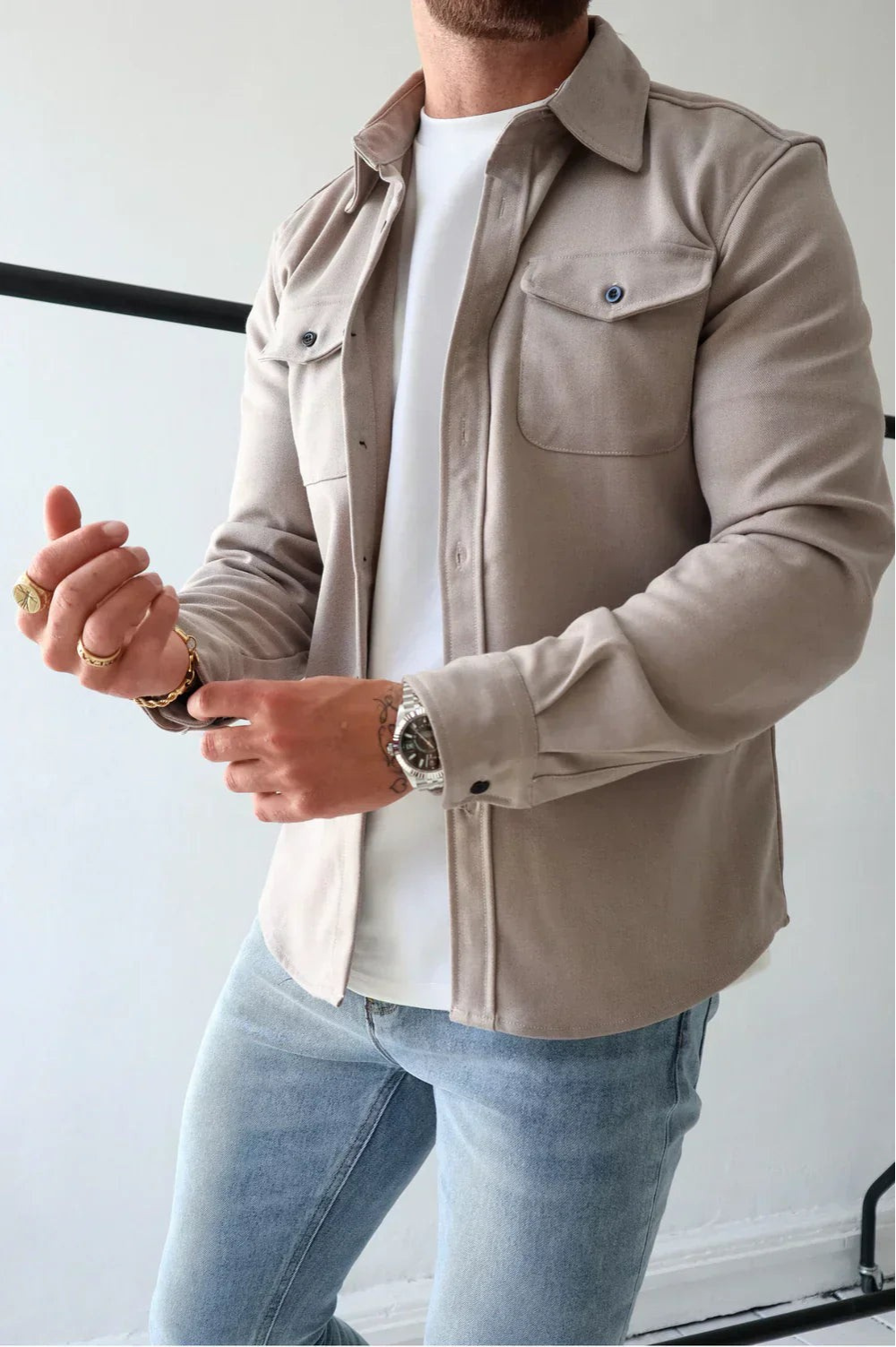 Men's Long Sleeve Button-Up Shirt Jacket for Layering