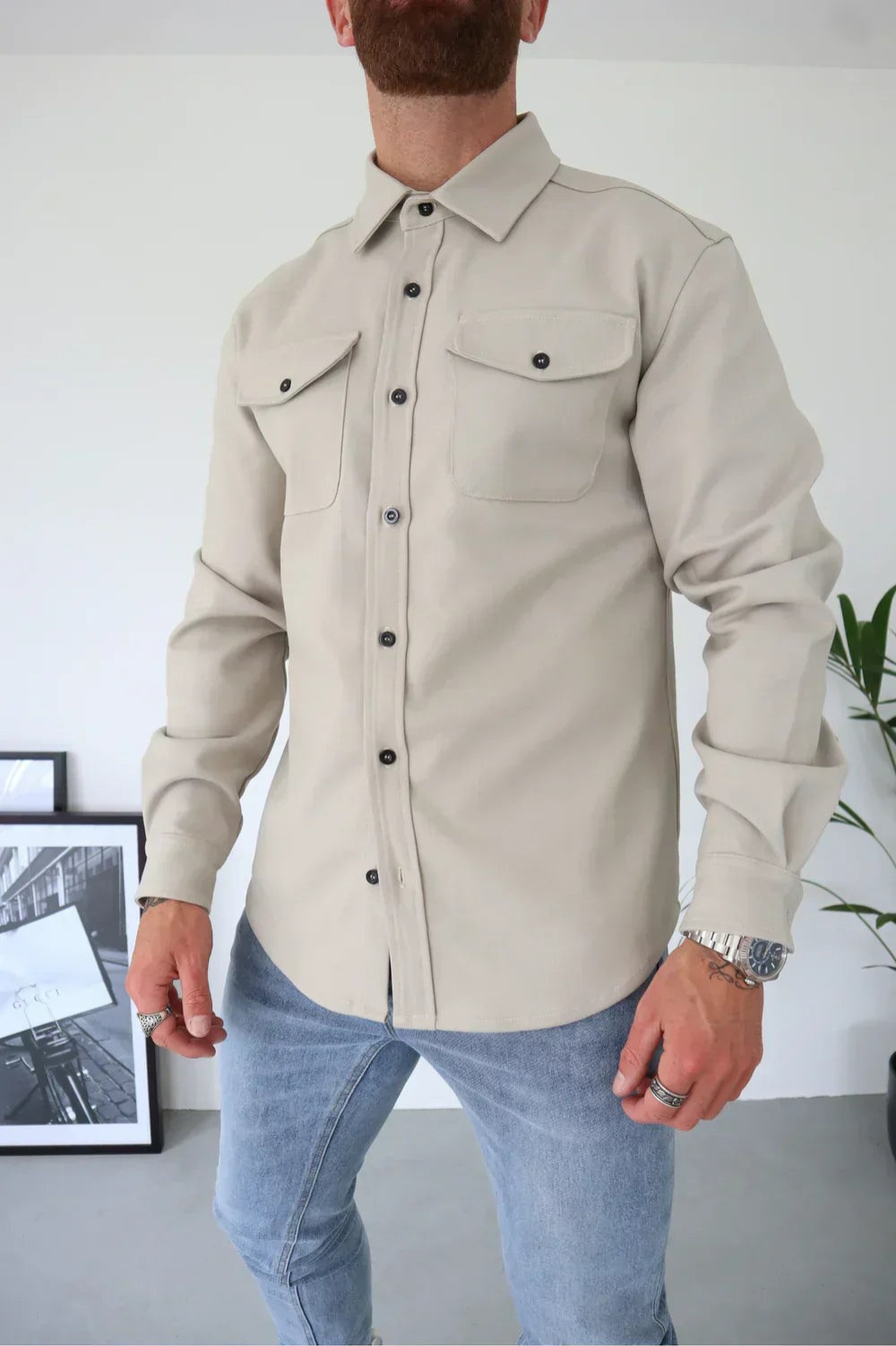 Men's Long Sleeve Button-Up Shirt Jacket for Layering