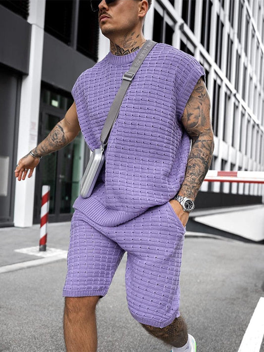 Men's Open Weave Basketweave Knit Sleeveless Crew Neck Ribbed Trim Top and Coordinating Elasticated Waist Shorts Two Piece Casual Set