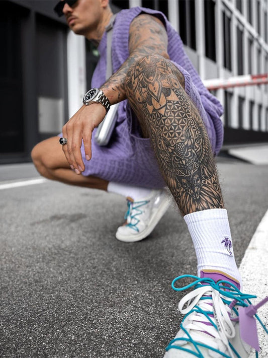 Men's Open Weave Basketweave Knit Sleeveless Crew Neck Ribbed Trim Top and Coordinating Elasticated Waist Shorts Two Piece Casual Set